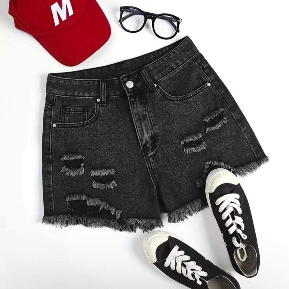 Ripped Black Denim Pansts, Silver Hardware Zipped Button Closure Raw Hem Denim